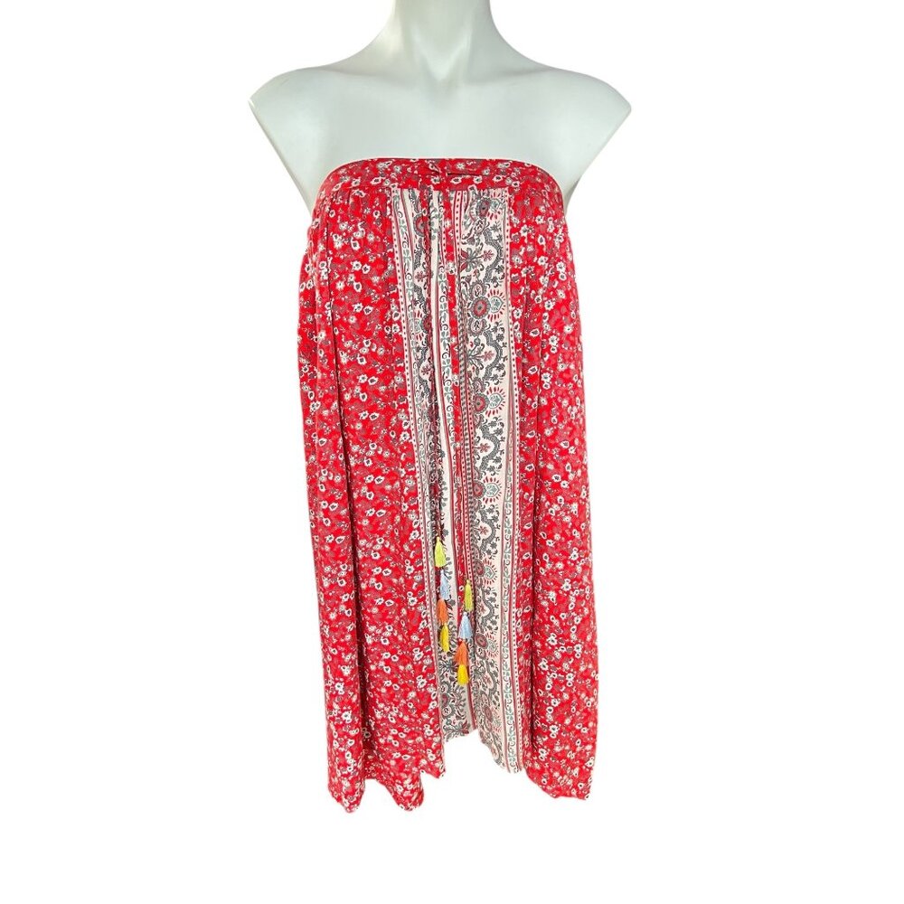 Dalin Women’s Skirt L Rayon Elastic Waist Dress Red Floral Tassel Tie Front - Picture 8 of 15